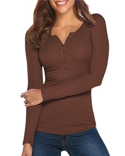 Damen Shirt Langarm V-Ausschnitt Basic Oberteile Button Casual Pullover...