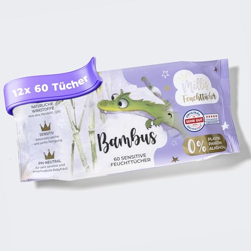 Millis Toallitas húmedas de bambú – 12 x 60 unidades – Limpieza natural suave para la piel sensible del bebé – Biodegradables, pH neutro, sin plástico, perfume y alcohol, clínicamente probado