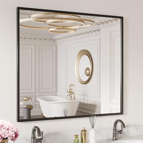 LOAAO 40"X36" Black Rectangle Bathroom Mirror Wall, Matte Black Aluminum Alloy Frame, Tempered Glass, Hangs Vertically or Horizontally, Easy to Install Cover