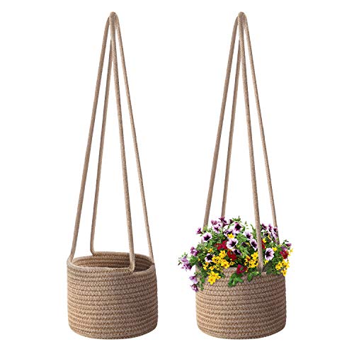 Flexzion BASKT_PLANT_BRN Hanging Plant Basket (2 Pack) Cotton Rope Basket Indoor Planter Hanger (Up To 7 Inch Flower Pot) Macrame Woven Organizer Bin Home Decor Storage Organizer 20 Inch Hanging Rope cover