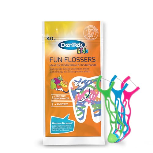 Dentek Fun Flossers Kids - Zahnseide-Sticks speziell für Kinder - mit Fruchtgeschmack - rutschfester Griff - bunte Farben, 1 X 40 Stk