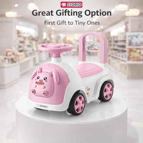 Image of Storio Rabbit Baby Ride-On Car Toy | Non-Battery Push Car for Kids with Backrest & Steering Wheel | Baby Ride On Toy for Boys & Girls 1-3 Years | Pink