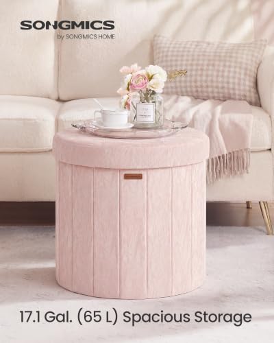 Image of SONGMICS Mazie Collection - Round Storage Ottoman, Folding Footrest Stool with Removable Lid, Easy Assembly, PU Leather Vanity Stool for Bedroom, Living Room, Entryway, Jelly Pink ULSF609SA01