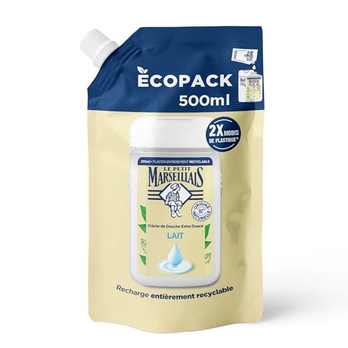 Le Petit Marseillais – Recharge Crème de Douche Extra Douce Lait (écopack de 500 ml) – Gel douche avec 92% d'ingrédients d'origine naturelle – pH neutre pour la peau et sans colorant