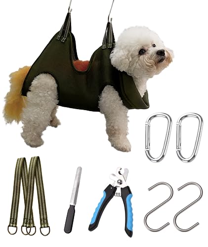Image of Kkiimatt 10 in 1 Dog Grooming Hammock Harness with Clippers /Trimmer, Dog Nail Hammock, Grooming Sling Holder Hanger Restraint for Nail Trimming /Clipping (S /Under 30lb, Khaki Green)