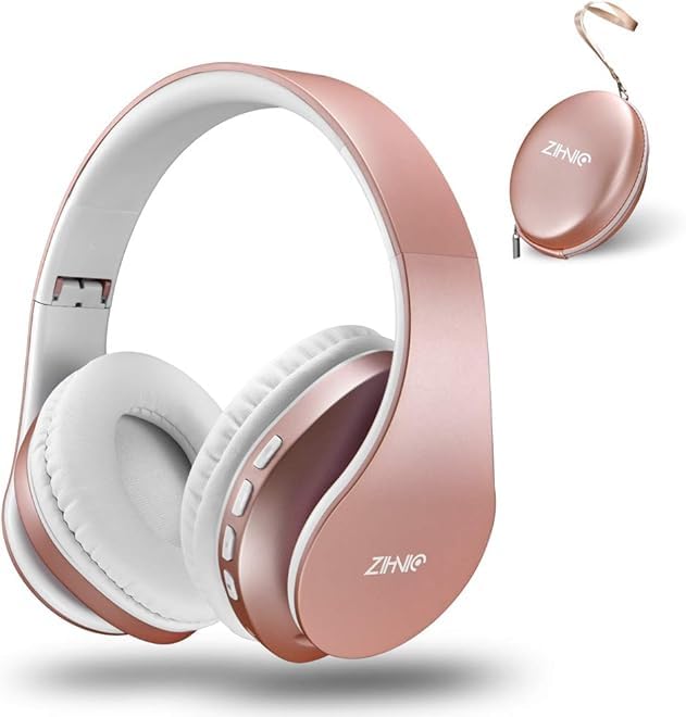 ZIHNIC Cuffie Bluetooth Over-Ear, Cuffie stereo pieghevoli wireless e cablate Micro SD/TF, FM per telefoni/Samsung/pad/PC, comode cuffie antirumore e peso leggero per indossarle a lungo (Oro Rosa)