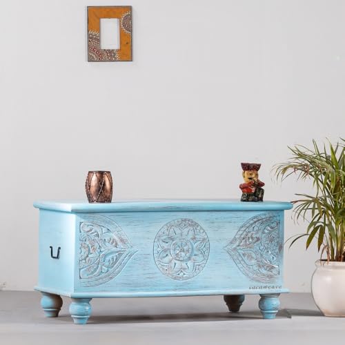 Image of Devin Wooden Trunk Box for Storage | Solid Wood Coffee Table for Living Room | Center Coffee Table with Storage | Front Wooden Carved Sandook Pitara for Home Decor (Light Blue Distress)