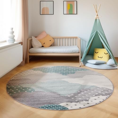 SIMPEX KinderTeppich, Wolken Design, Teppich Blau, 120 cm Rund, Teppich für Kinder, Teppich...