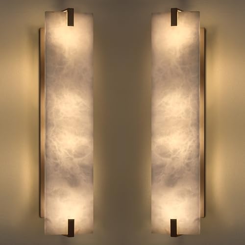 Image of 24.7 inch Natural Square Alabaster Marble Modern Concise 2 Pack 2 Light Wall Sconce Fixture,Oil Rubbed Bronze Finish for Bathroom Bedroom Hallway Bedside Staircase Vanity Mirror