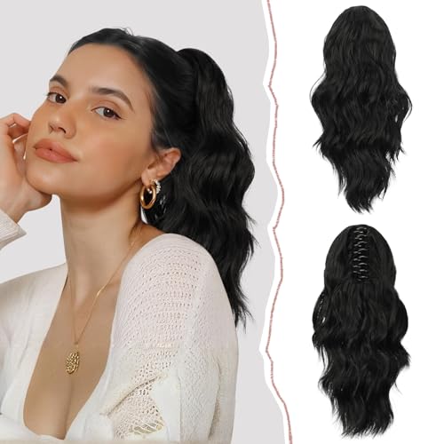 Sofeiyan 14'' Ponytail Extension Curly Clip in Claw Hair Extensions Natural Wavy Looking Synthetic Hairpiece for Women Off Black