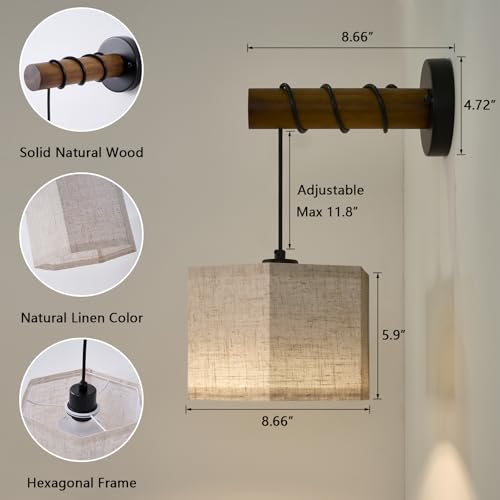 Image of XSDeTu Battery Operated Wall Sconces Set of 2, Modern Rechargeable Wall Mounted Lamps with Remote Control, Adjustable 3 Colors Dimmable Wall Lights for Bedroom, Wooden Arm, Hexagonal Fabric Shade