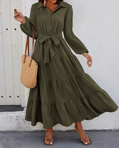 dowerme Women's Long Sleeve Dress 2025 Button Down Belted A-Line Flowy Fall Outfits Ruffle Maxi Holiday Party Dresses2