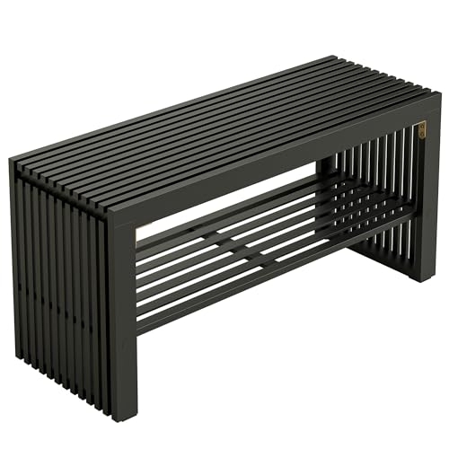 HEYZOEY Banc à Chaussures en Bambou avec Étagère de Rangement, Banc d’Entrée pour Couloir et Entrée, Antidérapant et Résistant Jusqu’à 250 kg, 90...