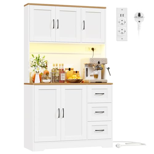 BEWISHOME Armoire de Cuisine, Buffet Haut, Meuble de Rangement, avec Éclairage LED, Meuble de Cuisine, 5 Portes, 3 Tiroirs, Étagères Réglables, Prise...
