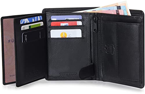 Frentree® Herren Geldbörse aus Nappa Leder mit RFID Schutz, 15 Kartenfächer, Hochformat Portemonnaie, Schwarz