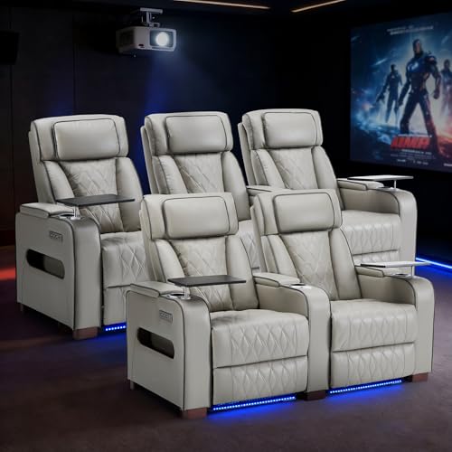 Image of GUEAPY Power Reclining Sofa Home Theater Seating with Adjustable Headrest, Breathable Leather Electric Recliner with LED Lighting, Cup Holders, USB Charging & Tray Table, Row of 5