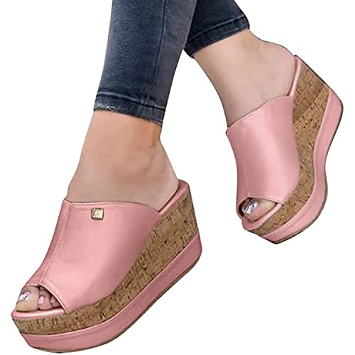 Sandalias De Cuña Para Mujer Plataforma De Moda Mulas Zapatillas De Plataforma Con Punta Abierta De Verano Zapatillas De Mujer Con Tacón De Cuña Bombas Zapatillas Zapatos De (Size:37 EU,Color:Rosa) Cover