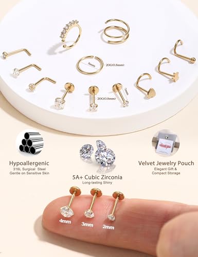 JeryWe Gold Nose Rings for Women - 14K Gold Filled Hypoallergenic Surgical Steel Nose Ring Hoops CZ Opal Lip Ring Screw L Shaped Studs Threadless Flat Back Stud Nose Piercings Jewelry for Women Men3