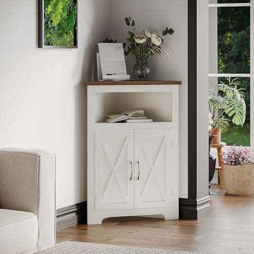 ChooChoo Small Corner Cabinet with Barn Door, Adjustable Shelf, Soft White & Brown - Space Saver for Living Room, Bathroom, Kitchen