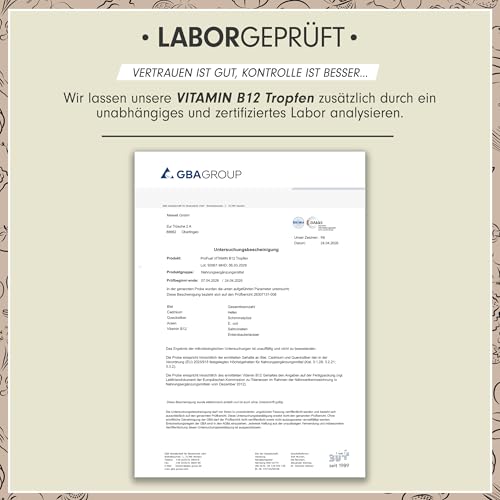 Vitamin B12 Tropfen - 1800 Tropfen (50ml) - bioaktives Methylcobalamin B12 - mit 500 mcg Vitamin B12 - zur täglichen Einnahme (2 Tropfen pro Tag) - laborgeprüft mit Zertifikat - 100% vegan