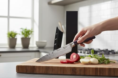 Image of Professional Damascus Steel Chef Knife, 8-inch Blade, Black Handle