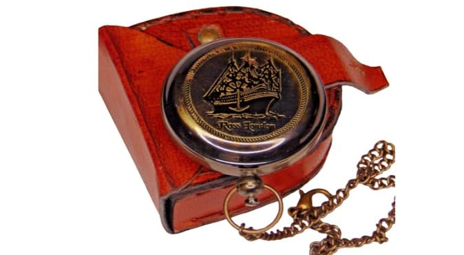 Brújula de latón sólido con botón pulsador y estuche de cuero estilo antiguo regalo para Navidad miniatura 1