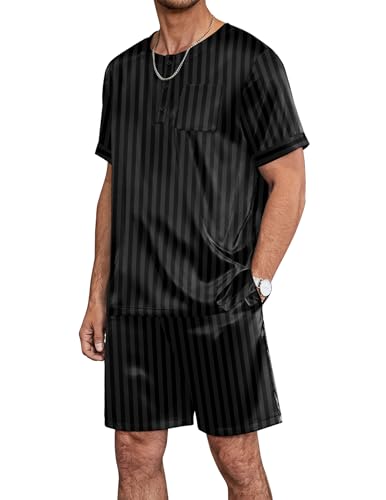Image of Ekouaer Mens Pajamas Set Silk Satin Pjs Sets Summer Short Sleeve Button Down Sleepwear 2 Piece Loungewear with Pockets