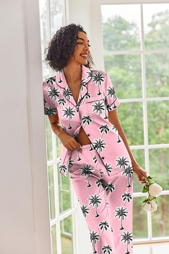 Image of Ekouaer 2 Piece Satin Short Sleeve Pajamas Set Button Down Sleepwear | Soft Pjs Set Classic Loungewear for Wedding, Party, Home, Daily Wear, Date Nights