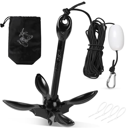 SWAWIS Anker Boot 1,5KG Bootsanker Bootszubehör Klappanker Sup Anker mit 20M Ankerleine Bojenkugel und Aufbewahrungstasche für Schlauchboot Belly Boot Tretboot Paddelboot, Schwarz