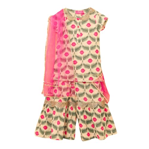 Image of Hopscotch Girls Beige Floral Print Kurta And Sharara Set With Dupatta