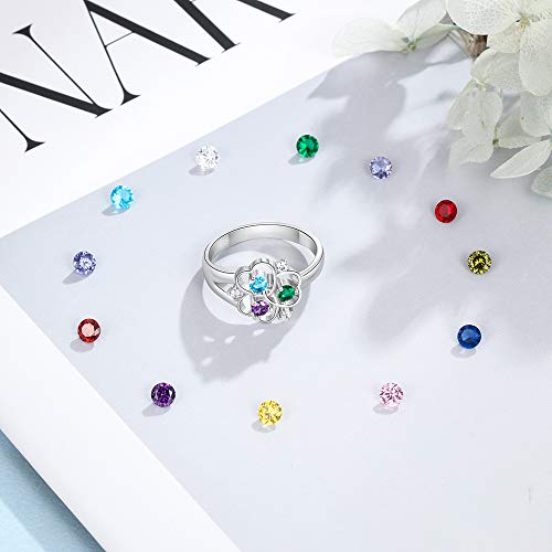 Lovejewelry Personalized 925 Sterling Silver Mothers Rings with 3 Simulated Birthstones 3 Names Custom Flower Promise Ring Engraved Heart Rings for Women3