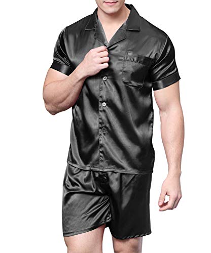 Men's Satin Pajamas Short Button-Down Pj Set Sleepwear Loungewear (Black, XL)