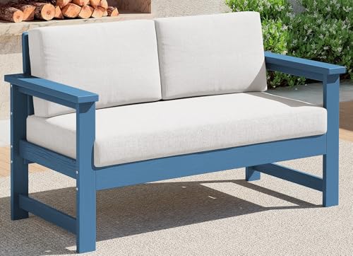 Image of SERWALL HDPE Outdoor Loveseat with Cushion, Outdoor Sectional Furniture Set | All Weather Use Patio Couch Sofa，Blue Frame with Khaki Cushions
