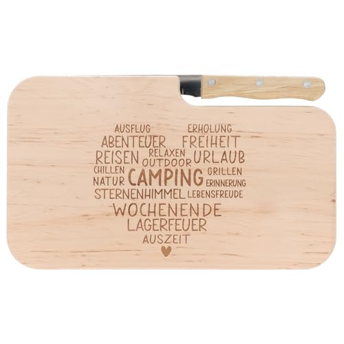 Spruchreif | Brotzeitbrett mit Messer'Wortherz – Camping' – Graviertes Holzbrett mit Camper-Motiv | Geschenkidee für Campingfreunde &...