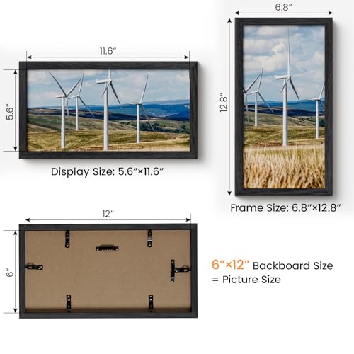Image of 6x12 Picture Frame,Solid Oak Wood 6 inchx12 inch Photo Frame, Black Color Tempered Real Glass 6 by 12 Wooden Frames with No Mat,12x6 Picture Frames for Wall or Tabletop Display