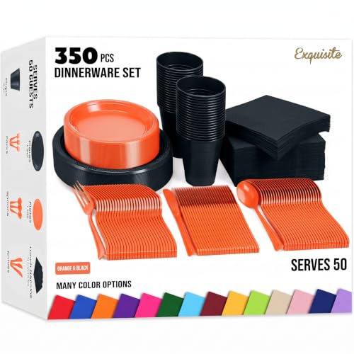 Image of Exquisite 350 Pcs Orange & Black Plates & Napkins Party Plate Set