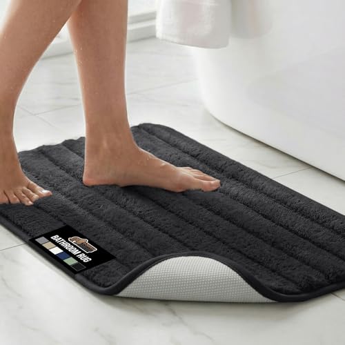Image of GORILLA GRIP Memory Foam Bathroom Rugs, Soft Absorbent Textured Rubber Backing Striped Bath Mat, Machine Washable Quick Dry Cushioned Floor Mats, Shower Rugs Home Decor Accessories, Black 40x24
