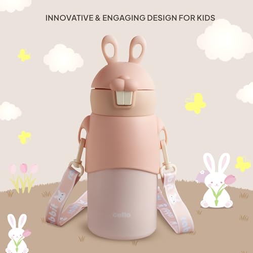 Image of Cello Bunny Kids Stainless Steel Flask 500ml, Peach | Double Walled Vacuum Insulated Technology | One Click Push Button to Open | Ideal for School, Sports, Picnics
