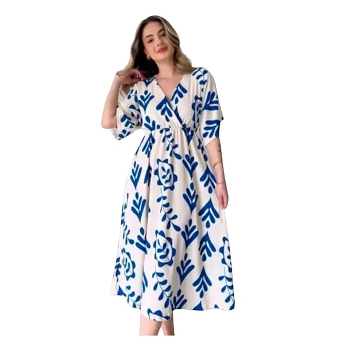 janki fashion Women's Wrap Style Midi Dress, Blue and White Floral Print, V-Neck, Half Sleeves, Casual Summer Wear-picture-56