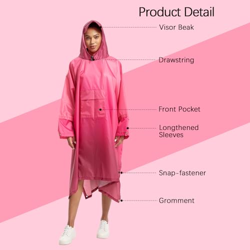NUUR Regenponcho Damen Herren Unisex Regencape Regenmantel Regenjacke Festival Wasserdicht Hiking Cycling Outdoor 3in1 Mehrzweck Wiederverwendbar Rain Poncho mit Kapuze Gradient Rosa