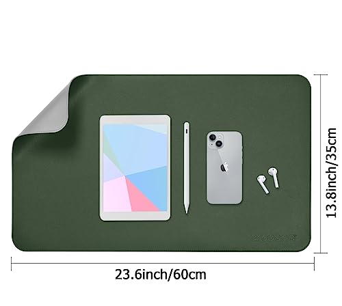 Image of AROPANA Vegan Leather Desk Mat | Large Reversible Mouse Pad & Computer Table Protector | Dual-Side Waterproof Extended Laptop Pad with Edge-Stitched Design (60x35CM, Deep Green & Grey)