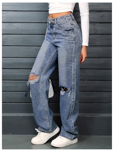 SweatyRocks Women's High Waist Ripped Straight Leg Jeans Boyfriend Style Distressed Denim Pants with Pocket4