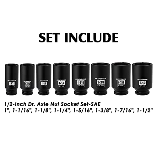 MIXPOWER 8 Pieces 1/2-Inch Drive Deep Impact Socket Set, CR-MO, 6 Point, Deep, SAE, 1-Inch - 1-1/2 inch, 1/2\" Drive Axle Nut Socket Set - Thumbnail 4