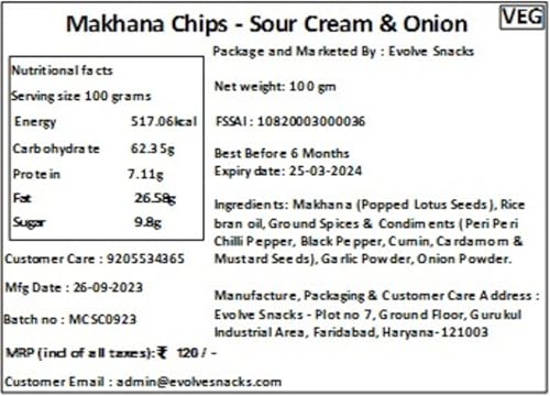 Image of Evolve Makhana Chips Healthy Snacks for Kids, Adults, Gluten Free, Low-Calorie, Weight Loss-Friendly, No Palm Oil, Vacuum Fried, Sour Cream & Onion Flavor - 100g Pack of 4