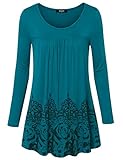 Lotusmile Long Sleeve Shirt Women, Vintage Floral Print Scoop Neck A Line Flare Hem Loose Fit Tunic Tops,Dark Cyan X-Large