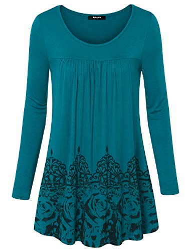 Lotusmile Long Sleeve Shirt Women, Vintage Floral Print Scoop Neck A Line Flare Hem Loose Fit Tunic Tops,Dark Cyan X-Large