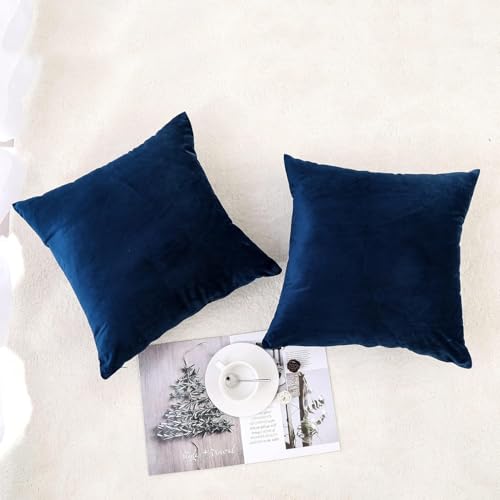 Image of 5-Piece Velvet Cushion Covers, 14x14 inch, Dark Blue | Soft Solid Decorative Throw Square Pillow Cases Modern Luxury Home Decor for Couch Sofa Bedroom Livingroom