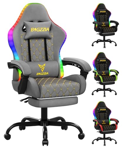 bigzzia Gaming Stuhl mit RGB Led - Ergonomischer Gaming Chair Mit LendenwirbelstüTze Und FußStüTze, Verstellbarer Und Drehbarer Gamer Sessel aus PU-Leder, 150 KG, Grau bigzzia Gaming Stuhl mit RGB Led - Ergonomischer Gaming Chair Mit LendenwirbelstüTze Und FußStüTze, Verstellbarer Und Drehbarer Gamer Sessel aus PU-Leder, 150 KG, Grau