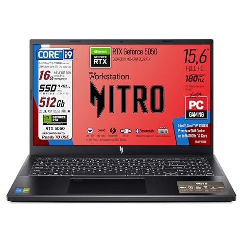 Nitro Notebook Gaming, Cpu Intel Core i9 13900H, Ram 16Gb, SSD 512 Gb, Display 15,6" FHD IPS 180Hz, NVIDIA GeForce RTX 5050 8Gb GDDR7, Tastiera Retroilluminata, Win 11 Pro, Pronto all'uso