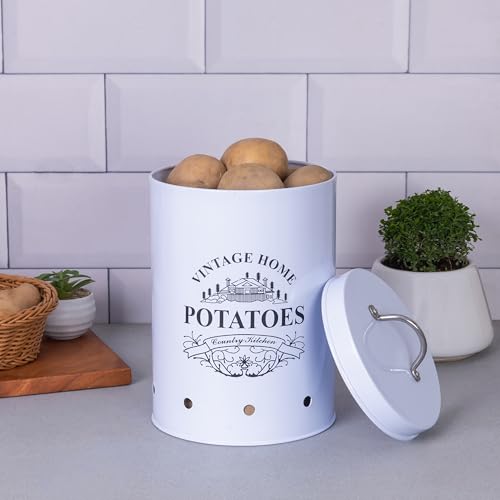 Image of Metallure Home Round Classic Kitchen Storage Containers | Set of 3 Metal Jars With Lid | Potato, Onion & Garlic (Food Safe) (White)